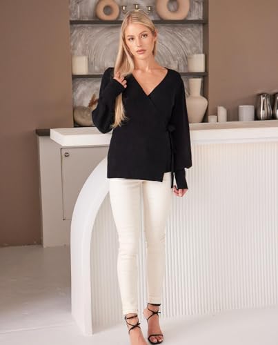 Image of Women's Balloon Sleeves Ribbed Knitted Tie Front Sweater