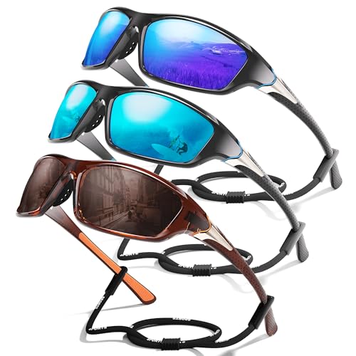 3 Pack Polarized Sports Sunglasses for Men, Mens Sunglasses Wrap Around UV Protection for Cycling Fishing Driving E05-dark Blue/Ice Blue/Coffee