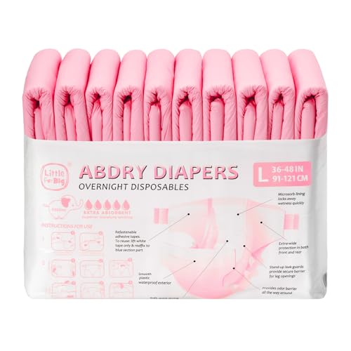 Image of Littleforbig Adjustable Tapes Adult Diaper 10 Pieces - ABDry Ultra Absorbent Diapers 6500 mL Pink (Large 36 inch-48 inch)