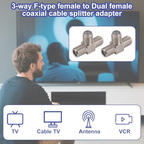 lasuroa 2pcs Coaxial Cable Splitter, Zinc Alloy 3 Way F-Type Female to Dual F Female 3-Way Aerial Splitter Antenna Combiner T-Shape Coax Connector Cable Adapter for TV Video VCR Satellite Tuner - Image 6