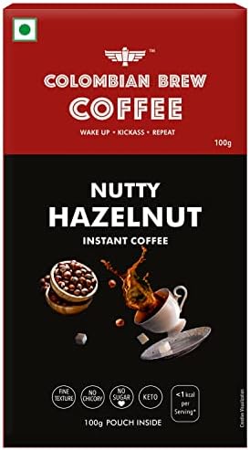 COLOMBIAN BREW COFFEE Hazelnut Instant Coffee Powder, No Sugar Vegan, 100 G Box