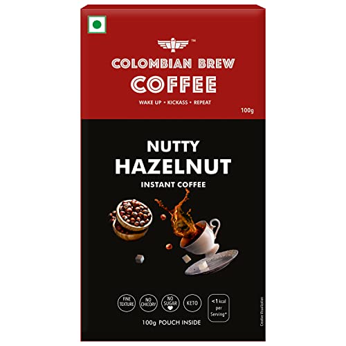 COLOMBIAN BREW COFFEE Hazelnut Instant Coffee Powder, No Sugar Vegan, 100g, Box