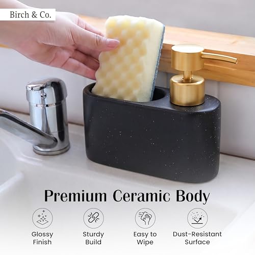 Image of Birch & Co. Kitchen Sink Caddy with 350ml Soap Dispenser, Sponge Holder & Scrubber Storage, Premium Ceramic Dish Soap Dispenser for Kitchen Countertop, Anti-Slip Base, BlackSpeckle
