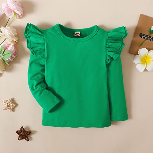 Sanpersonlin Toddler Baby Girl Solid Color T Shirt Kids Blouse Basic Plain Ruffle Top Cotton Casual Clothes (0020E-Long Sleeve Green, 1-2 Years) - Thumbnail 2