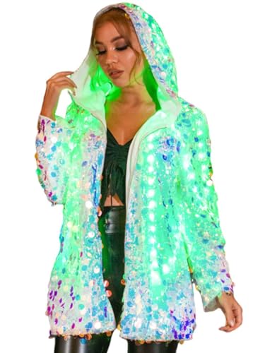 DRESBE Women's Light Up Sequin Jacket with Charging Cable Remote LED Long Hooded Coat Shiny Long Sleeve Zipper Blazer Coats for Party Club Concert (White) - Main Image