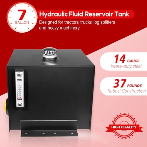 Image of 7-Gallon Hydraulic Fluid Reservoir Tank with Built-in Temp Gauge & Sight Gauge, Breather /Strainer Fill Cap, Horizontal-Mount, 17.5 inchW x 14 inchL x 12 inchH, 14 Gauge Steel