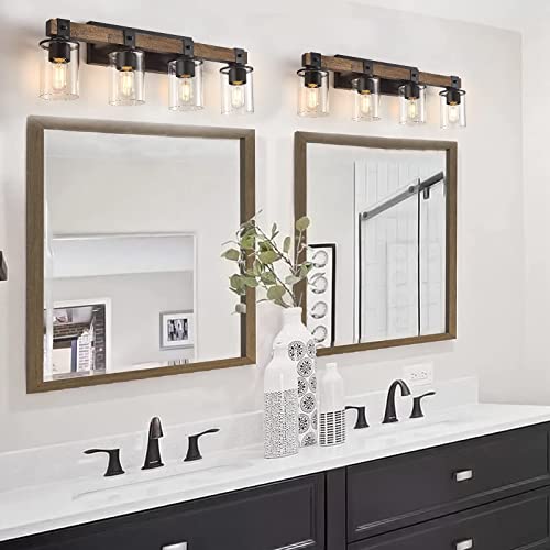 Image of DUJAHMLAND Farmhouse Vanity Light Fixture, Industrial 4-Light Wood Wall Sconce Bathroom Vanity Lighting with Clear Glass Lights Shade,for Hallway,Kitchen,Bedroom(Antique Wood, 4-Light)