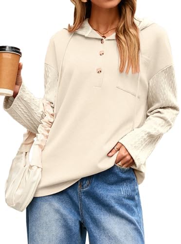 Glamaker Women's Oversized Button Down Cable Knit Hoodies Long Sleeve Patch Work Spliced Pullover Hooded Sweatshirts 2025