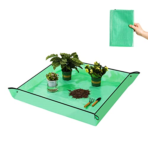 POROLIR Plant Potting Mat Foldable Waterproof Gardening Mat for Indoor Plants Succulent Transplanting and Mess Control, Portable Potting Tray, Gifts for Women Green (26.8" x 26.8")