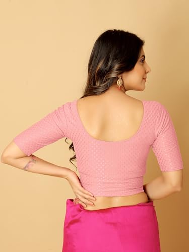 Image of Amazon Brand - Anarva Round Neck Dobby Cotton Lycra Stretchable Elbow Half Sleeve Readymade Saree Blouse for Women Stylish