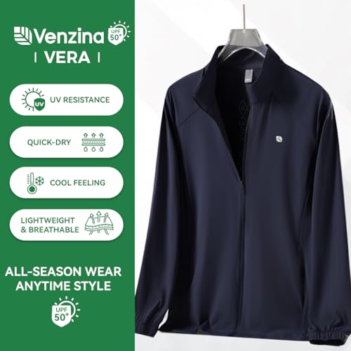 Image of Venzina Men's UPF 50+ Sun Protection Jacket, 4-Way Stretch Quick-Dry Windbreaker with Breathable Mesh & Elastic Cuffs, Sunscreen Jacket for Men - Hiking, Travel