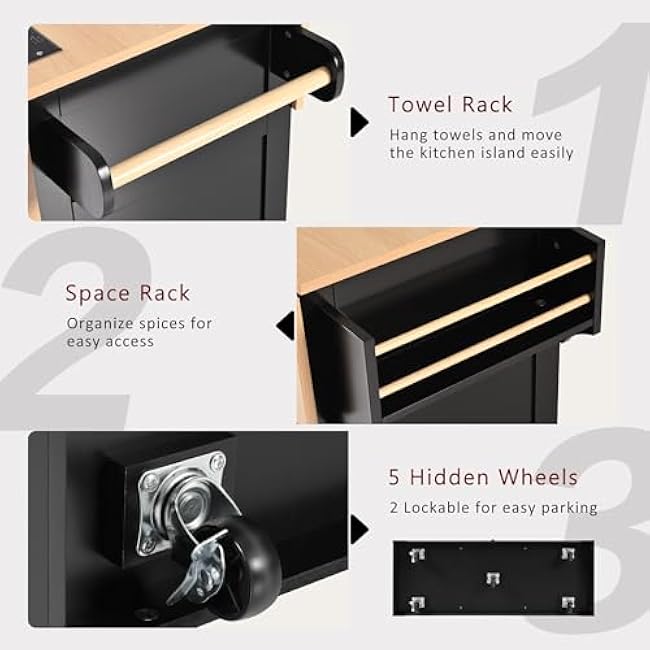 55.7'' Large Kitchen Island with 2 Drop Leaf, Rolling Kitchen Cart on 5 Wheels with Power Outlet, Folding Storage Dining Table-UYi8fM4W