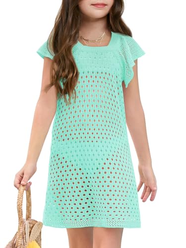 Haloumoning Girls Crochet Swim Cover Up Kids Ruffle Sleeve Hollow Out Summer Beach Dress 5-14 Years