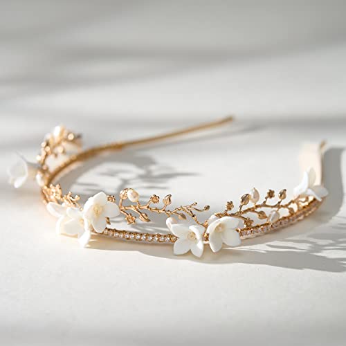 Sweetv Bridal Headband Gold Wedding Tiara For Women Handmade Flower Bridal Headpiece For Bride Hair Accessories #TOP4
