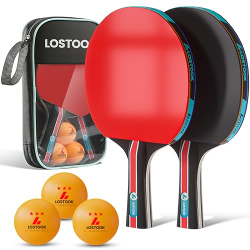Lostook Ping Pong Paddles Set of 2, Professional Black Table Tennis Rackets with Portable Oxford Cloth Case & Three Star Ping Pong Balls for Adults and Family Indoor Outdoor Games/Black Color