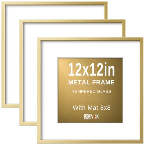 Image of VCK 12x12 Frame Gold Metal, Real Glass, 8x8 Mat, 3 Pack, for Picture Print