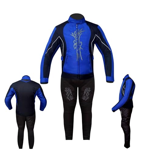 warrior gears Damen-Motorradjacke mit Grafikstickerei und Thermofutter, Schutzhose, CE-gepanzerte Motorradjacke für Mädchen (Blau, Jacke M (10 UK) - Hose 10 UK)