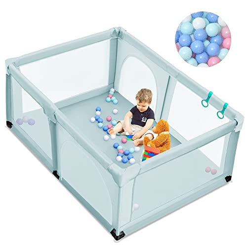 COSTWAY 120 x 190cm Baby Laufstall mit 50 Spielbällen, Laufgitter mit atmungsaktivem Netz und Reißverschluss, Krabbelgitter 2 Türen, Laufgitterzelt für Säuglinge und Kleinkinder (Blau)