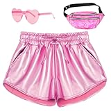 PARTTELY Metallic Shorts for Women Elastic Drawstring Shiny Hot Short Sparkly Rave Party Pants with Sunglasses and Metallic Fanny Pack