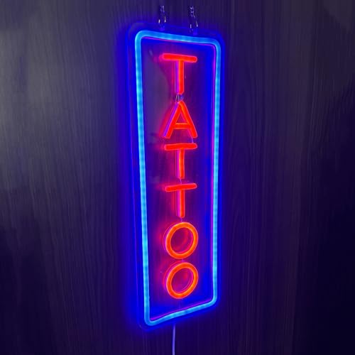 Image of Dimmable Tattoo Neon Sign,LED Reusable Neon Signs,Arylic Ice Blue Tattoo Shop Sign with Dimmer for Tattoo Salon, Studio, Shop Plaque,Tattoo Gifts for Friends,16x5.9in(Blue+Red)