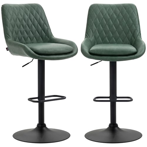 HOMCOM Breakfast Bar Stools Set of 2 Height Adjustable Swivel Barstools PU Leather Upholstered Bar Chair with Wide Seat Backrest Large Base and Footrest for Kitchen Dining Room Green