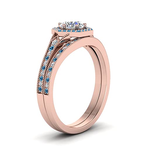 Image of Choose Your Gemstone Vintage Hexagon Halo Bridal Ring Set Rose Gold Plated Round Shape Wedding Ring Sets Matching Jewelry Wedding Jewelry Easy to Wear Gifts US Size 4 to 12