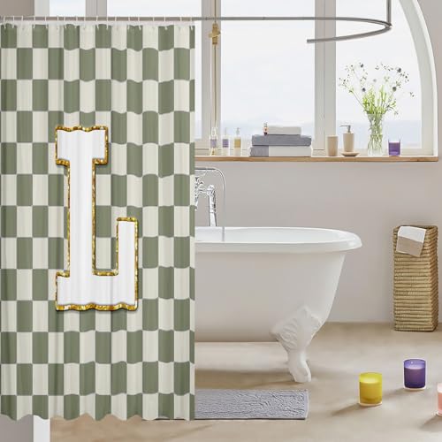 Image of Erosebridal Sage Green Checkered Bathroom Curtain Plaid Initial L Shower Curtain 72 inch Wx78 L Personalized Monogram Bathroom Accessories for Kids Adults,Fashion Grids Gingham Shower Decor