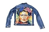 Chaqueta vaquera mujer elástica Customizada con Frida flores superpuestas y pedreria