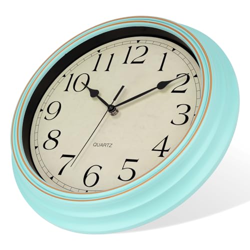 Image of Foxtop 14 Inch Wall Clock Battery Operated Silent Non-Ticking Round Classic Vintage Retro Wall Clock Decorative for Living Room Kitchen Home Office (Light Turquoise)