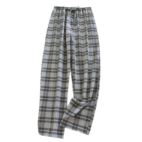 Men's Soft Pajamas Bottoms Cotton Pj Pants Plaid Printed Pocket Fall Lounge Thin Drawstring Loose