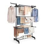 SONGMICS Clothes Drying Rack 4-Tier, Foldable Laundry Drying Rack 173 cm Tall, Steel, Rolling Clothes Horses, Laundry Hanger Dryer Airer, Indoor Outdoor Use, Ink Black ULLR701B01V2