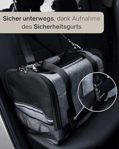 Petula Katzentasche & Hundetasche – Faltbare Transporttasche für Katzen & kleine Hunde bis 13 kg – Formstabil, mit Innenmatte, Belüftung, Tiertransporttasche, Transportbox (Grau)
