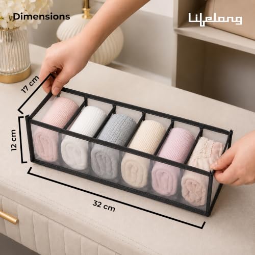 Image of Lifelong Storage Organizer 6 Layers | Foldable Wardrobe & Almirah Organiser | Durable Nylon Mesh & Non-Woven Edges | Basket Organisers for Storing Clothes (LLCOG06, Grey)