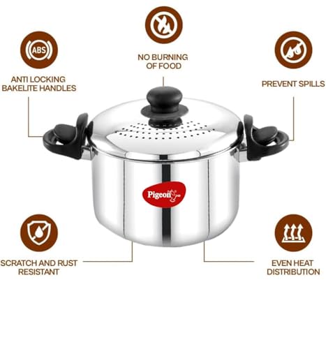 Image of Pigeon Stainless Steel Rice & Pasta Pot with Strainer Lid - 4L, Locking Handle, Induction & Gas Compatible, Multi-Purpose Cookware for Vegetables, Noodles, Biryani
