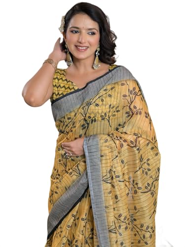Image of Satrani Women's Linen Printed & Embroidery Ready To Wear Saree with Unstitched Blouse Piece