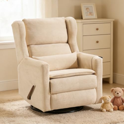 Image of Swivel Rocker Recliner Chair with Adjustable Headrest,Rocking Chair Nursery with Lumbar Support, Manual Glider Rocker Recliner with Cup Holder and Side Pockets, Beige