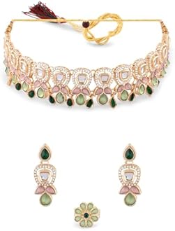 ZAVERI PEARLS Green Pink Stones Austrian Diamonds Embellished Choker Necklace Earring & Ring Set For Women-ZPFK17672