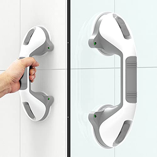 AquaChase 2-Pack 12in Suction Shower Grab Bar with Indicators, Tool-Free Installation, Steady Handle Balance Assist for Bathtub, Toilet, Bathroom (White/Grey)