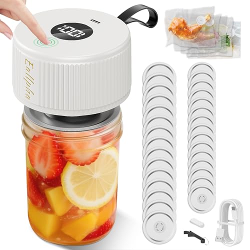 Electric Mason Jar Vacuum Sealer, Rechargeable Handheld Food Vacuum Sealer for Wide & Regular Mouth Mason Jars, Cordless Automatic Can Sealer Kit for Coffee, Dry Food & Meal Prep, Includes 30 Lids