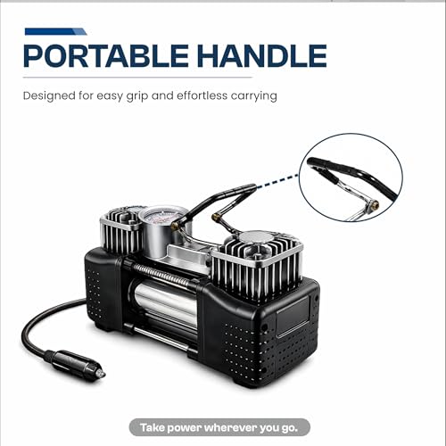 Image of MEGAAUDIO MATI09 12V Double Cylinder Air Compressor Pump | 144W 12A Power, 100 PSI Fast Inflation, Auto Shut Off, LED Light | Heavy Duty Tyre Inflator with Multiple Valve for Cars, Bikes, Motorcycles