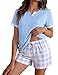 Leversic Schlafanzug Damen Kurz Baumwolle, Sommer Zweiteiler Pyjama Damen Set Karierte Shorts und Oberteil mit Herzaufdruck, 1516-Hellblau, M