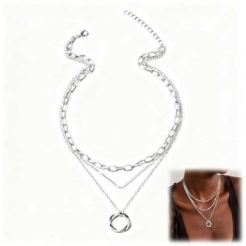 collier multi-rangs femme argenté 3 pièces, chaîne réglable 14-18,5 pouces, pendentif rond, style empilable élégant