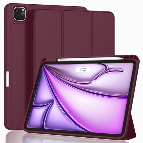 ZryXal New iPad Air 13 Inch Case M3 2025/M2 2024 with Pencil Holder, Trifold Stand Smart Case with Soft TPU Back,Auto Wake/Sleep(Wine)