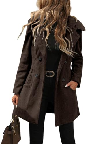 chouyatou Women's Winter Double Breasted Hooded Wool Coat Notch Collar Trench Coat Peacoat (Small, Coffee)