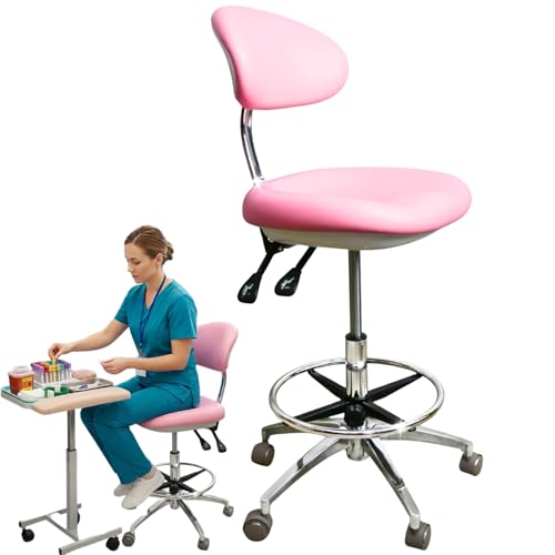 Martelli Extra Tall Height Adjustable Ergonomic Rolling Stool with Pneumatic Air Lift - Footrest Ring - 360 Swivel Luxury Drafting Stool for Sewing, Medical, Salon, Lab, Dental (Pink)