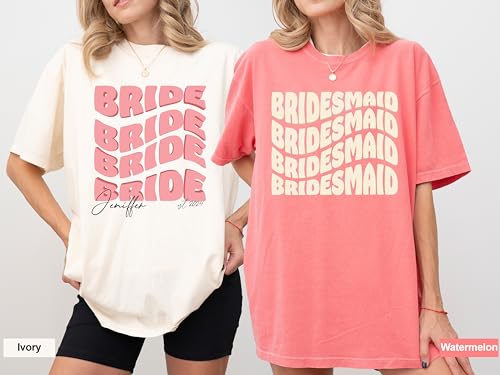 BRIDE SHIRT Bride and Bridesmaid Matching Shirt, Retro with Name, Boho Colors Bridal Party Shirt White2