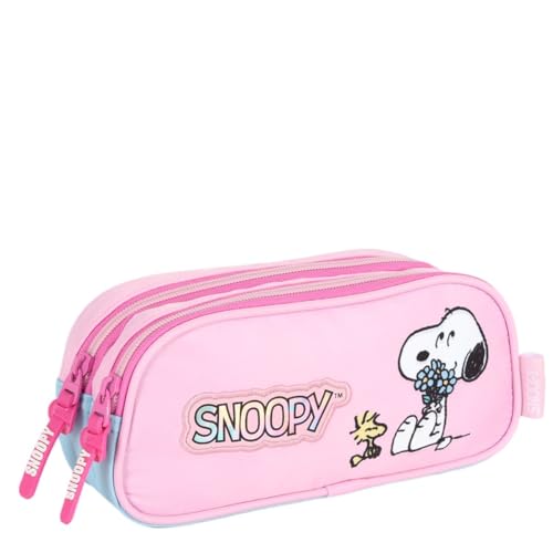Luxcel Estojo Duplo Snoopy Rosa com Patch Bordado, Poliéster, 22 x 10 x 7 cm, 2 Compartimentos, Logo Metalizado