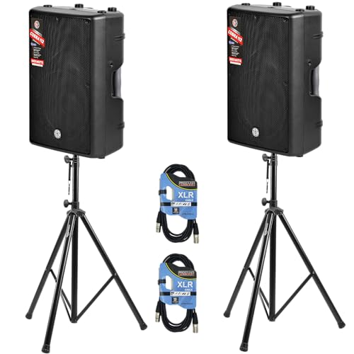 (Pair) Cobra 112 Professional Active Speaker 1600 Watts with Bluetooth PA Speaker, (2) Speaker Stands and (2) XLR Cables, Ideal for Musicians, Churches, DJs. (Cobra 112A (Pair with Stands and Cables)