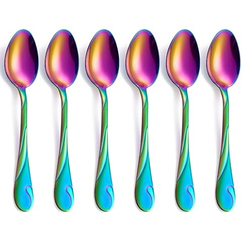 Seeshine Rainbow Dinner Spoon Set, 7.6-inch Stainless Steel Spoon Silverware, 6-Piece Shiny Rainbow Soup Spoons Table Spoon, Dishwasher Safe, Set of 6 Cover