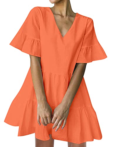 FANCYINN Damen Cute Shift Kleid mit Taschen Glockenärmel Rüschen Saum V Ausschnitt Lose Swing Tunika Minikleid Orange S